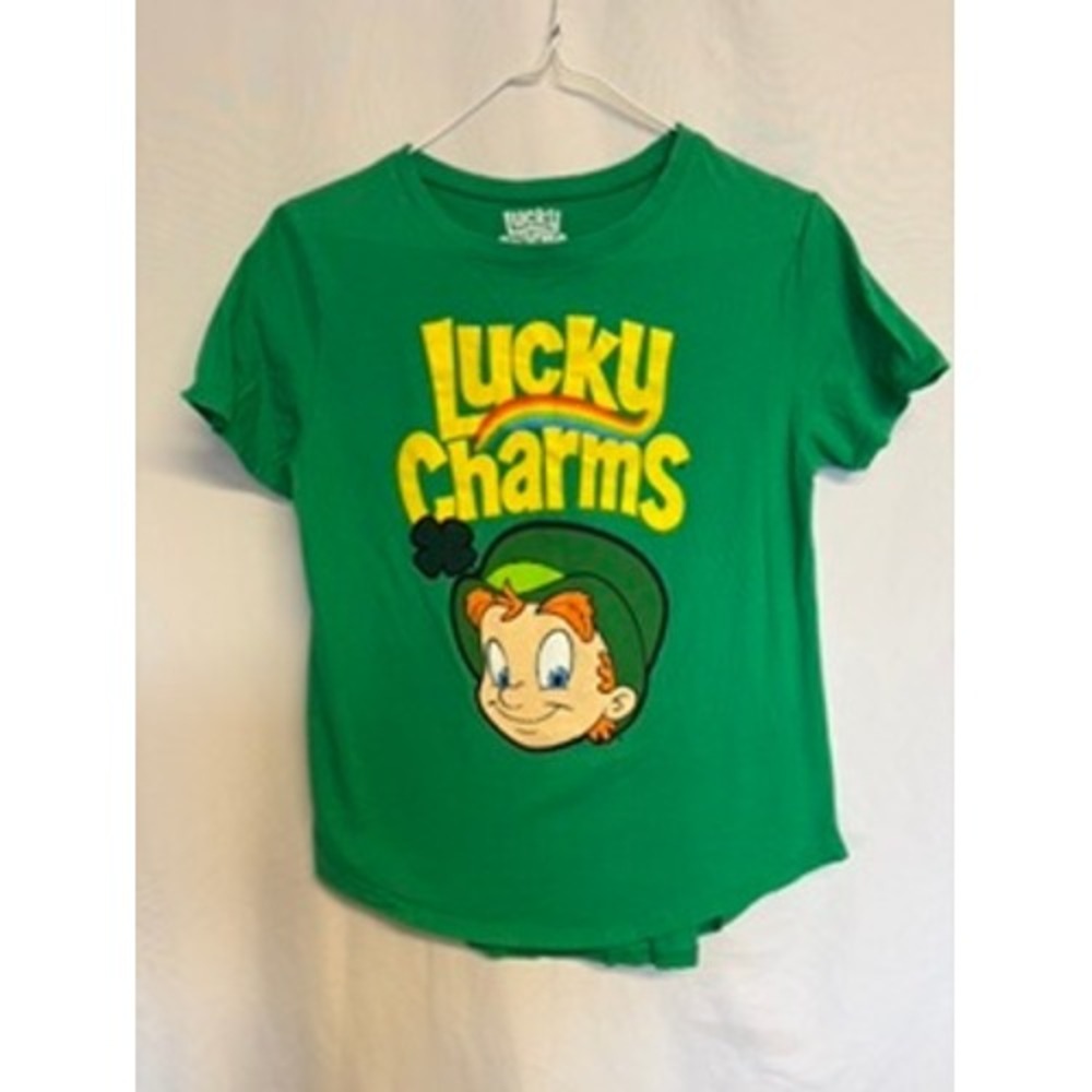 Lucky Charms Graphic Tee Green Lucky Leprechaun Rainbow Cotton T-Shirt Womens L